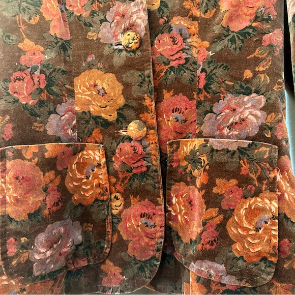 Vintage 70s Dark Rose Floral Burgundy Brown Velvet Tapestry Fitted Blazer Jacket - Picture 5 of 8